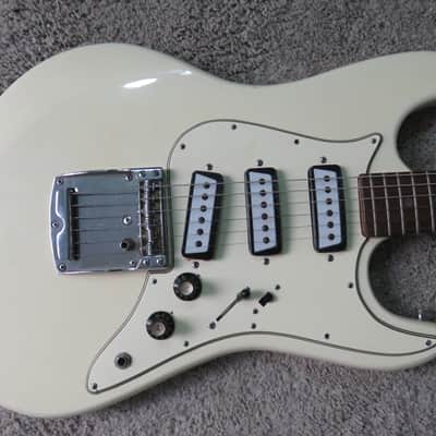 Vintage 1960s Lyle Guitar Aria Teisco Strat Offset Unique Alpine White Faded Rare Shape image 2