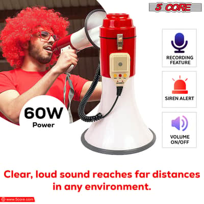 5 Core Megaphone 60W Bull Horn Professional PA Speaker w 1200 Yards Range Loud Siren Voice Amp image 3
