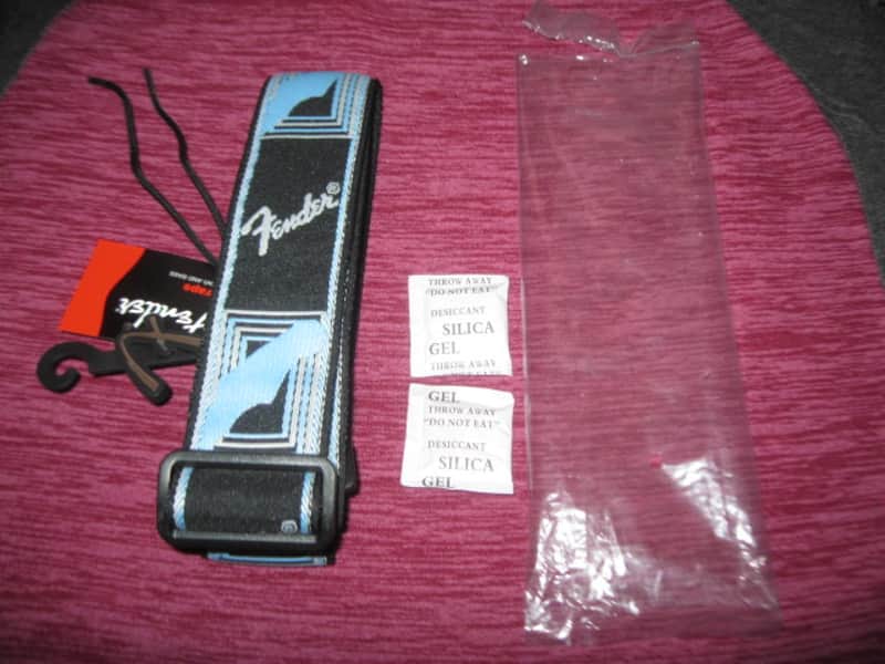 new with tags genuine Fender 2" Monogrammed Guitar Strap Black, Light Gray, and Light Blue - Fender part number: 099-0681-502, Fully adjustable length (39"-72") Woven Fender logo and guitar headstock design, polyester backing, black leather ends image 1