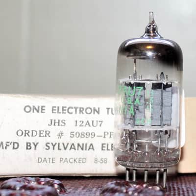 SYLVANIA JHS (JAN) 12AU7 ECC82 TIGHT BALANCE SHORT PLATE SQUARE GETTER TEST NOS+ IN BOX VINTAGE 1958 image 2