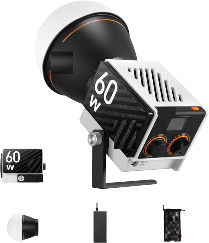 Bi-Color Video Light, 300g Portable 60W COB LED Continuous Output Lighting, CRI≥96, TLCI≥97, Bluetooth App Control, ZY Mount Ecosystem DC/PD Power Supply image 1