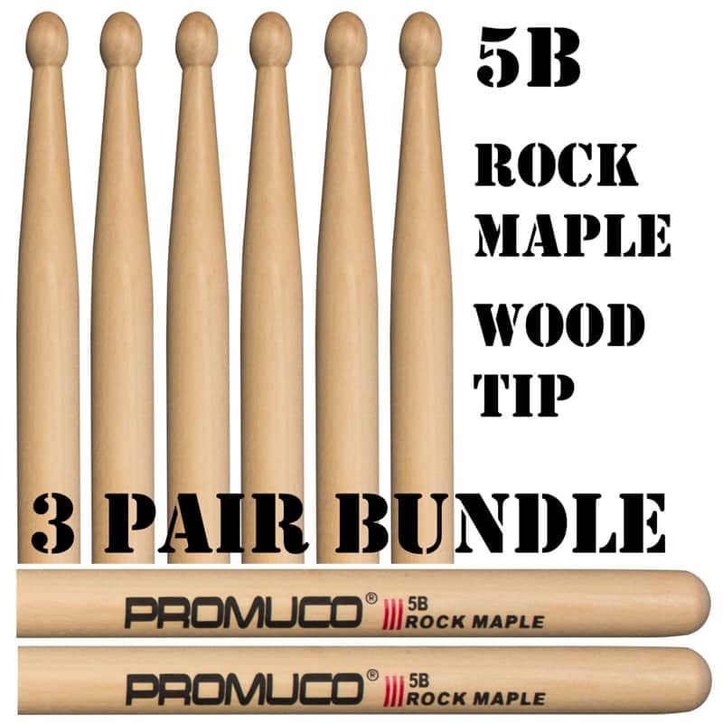 Promuco Rock Maple Drumsticks 5B Wood Tip Bundle 3 Pairs image 1