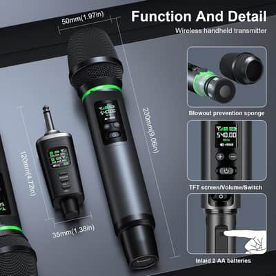 Metal Wireless Mic Set with Case, Handheld Cordless Dynamic Microphones for Singing, Karaoke, Church, DJ, 130ft Range image 2