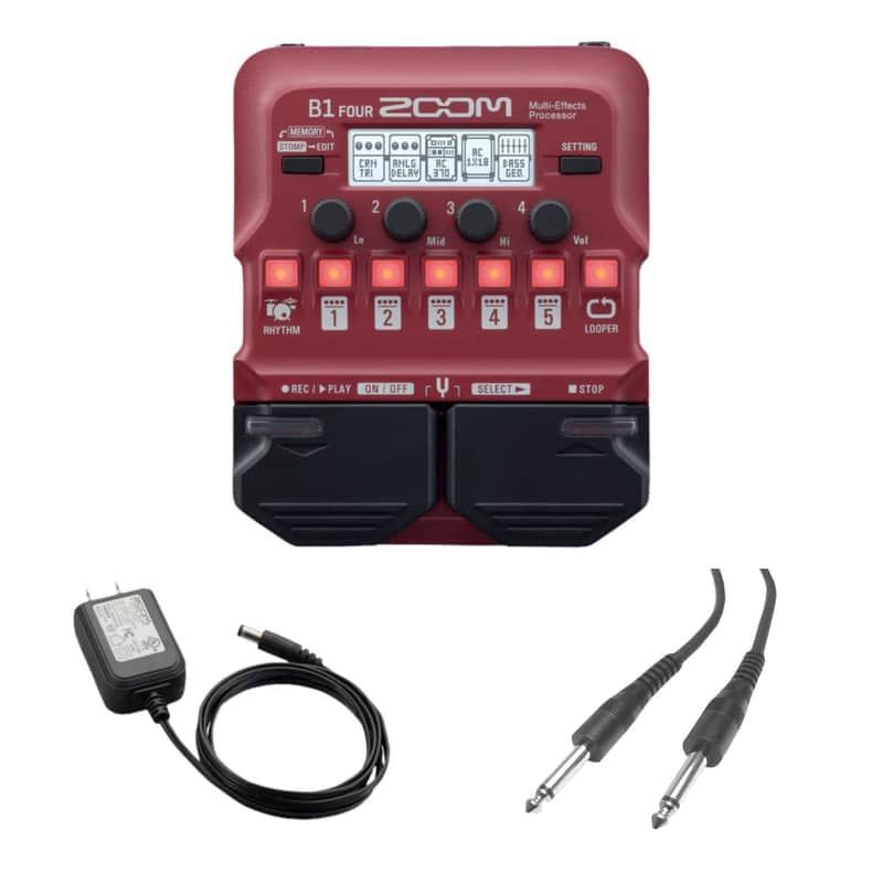 Zoom B1 FOUR Bass Multi-effects Processor with Calrad 55-675-25 1/4" to 1/4", 25ft Professional Grade Instrument Cable and Zoom AD-16 9v 500mA Power Supply image 1