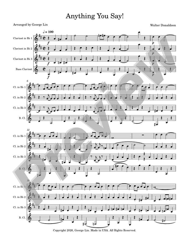 Clarinet Sheet Music - Anything You Say! (Walter Donaldson).   Arranged for clarinet quartet.  Full Score and Parts. image 1