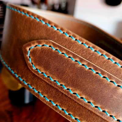 Hand Made, Hand Stitched Guitar strap "Rockatansky" in Taupe & Turquoise- Vegetable Tanned Leather image 13