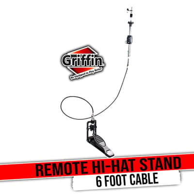 GRIFFIN Remote Hi-Hat Pedal (QuickAction X Series) with Auxiliary 6FT Cable – Heavy-Duty Drum Hardware Kit with Key, Cymbal Stand Holder Mount