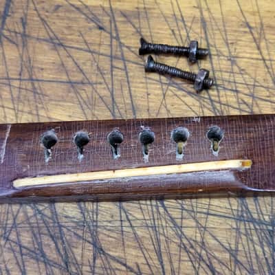 Vintage RARE 1960's Regal Kay Harmony Acoustic Guitar Wood Bridge Tailpiece with Installation bolts Luthier Parts image 1
