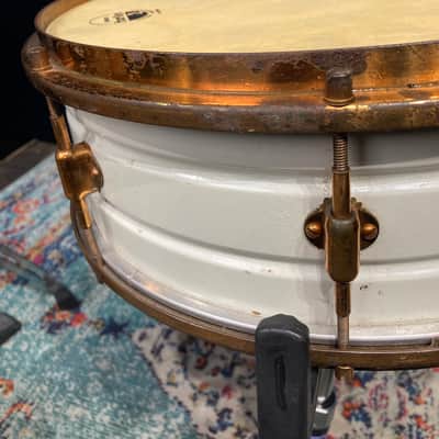 Leedy - 14x5" 8-Lug Multi-Model Snare Drum - White Lacquered Brass with Gold Hardware. 1920s image 8