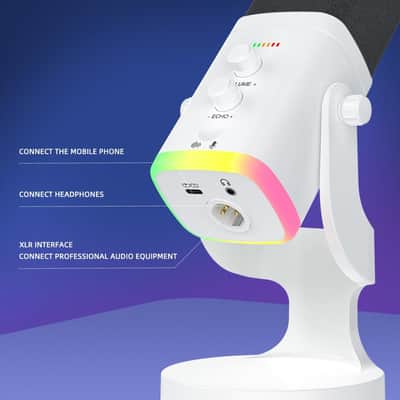 white Dynamic Microphone - USB/XLR RGB Mic with Echo Adjustment, Mute Key & Monitoring Jack, Desktop Microphone for PC Gaming, Streaming & Chat image 2