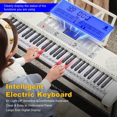 MUSTAR White 61Key Lighted Up Electric Keyboard Bench,Stand,Headphone,Microphone image 4