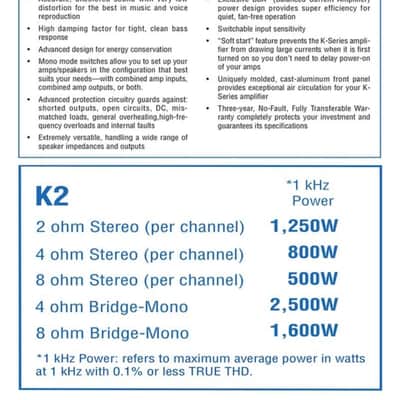 Crown K2 Power Amp - Convection Cooled (2x 800W, 1x 2500W Bridged @ 4Ω) Made In USA image 2