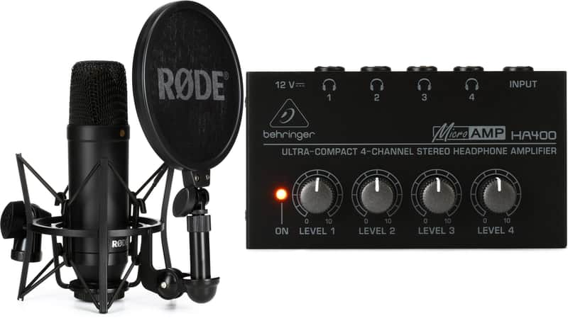 Rode NT1 Kit Condenser Microphone with SM6 Shock Mount and Pop Filter Bundle with Behringer MicroAMP HA400 4-channel Headphone Amplifier image 1