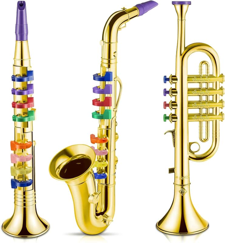 Lewtemi 3-Piece Kids Toy Instrument Set – Saxophone, Clarinet & Trumpet w/ 8 Color-Coded Keys | Music Learning Gift (Gold) image 1