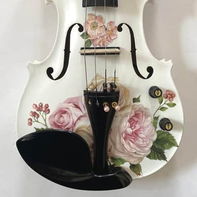 Rose Delight Electric Acoustic Violin Outfit w/ Brass mechanical pegs, pearl fine tuners, white carbon fiber bow image 2