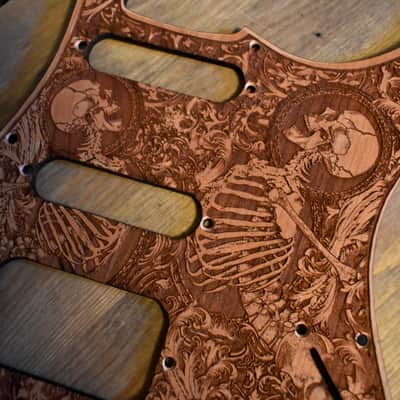 Wood Pickguard for Stratocaster HSS and SSS Laser engraved Real Cherrywood with Unique Artwork "Stumble" image 9