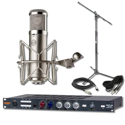 Warm Audio WA73-EQ Microphone Preamp & EQ with Warm Audio WA-47JR Large-Diaphragm FET Condenser Microphone, On-Stage MS7701B Microphone Stand, 25' Instrument and XLR Cables image 1