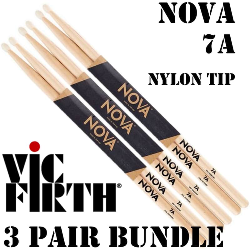 Vic Firth Nova Drumsticks 7A Hickory Nylon Tip 3 Pair Bundle image 1