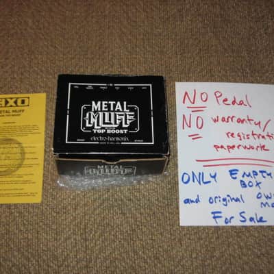 less than light average wear condition Electro Harmonix EMPTY BOX and original Owner's Manual ONLY for EXO Metal Muff with Top Boost pedal (NO pedal, NO warranty / registration paperwork) BOX: Cardboard / BOX Color: Black / GRAPHIC: Black & White, White image 1