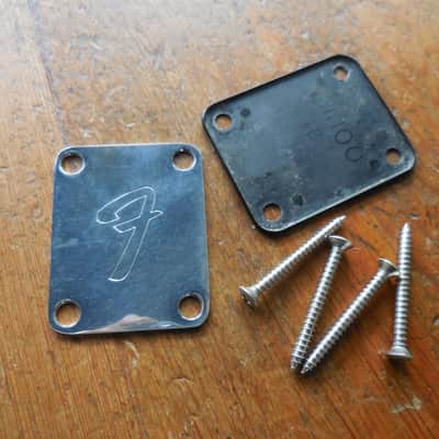 Fender 70's-80's 4 Bolt 'F' Neckplate with Original Black Pad and Bolts image 1