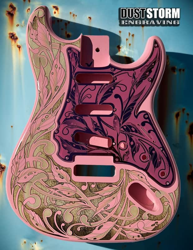 Custom Laser Engraved Pink Fender Strat Guitar Body with Pink Mirror Acrylic Pickguard & Tremolo Cover HSH, HSS, SSS Setups Available image 1