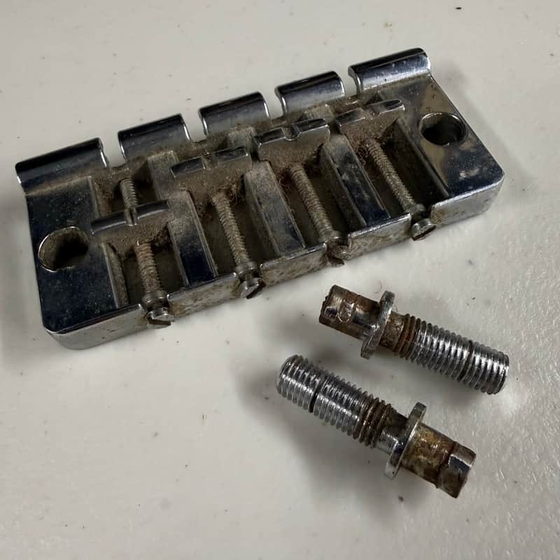 Gibson Bass Bridge with Posts Steel Saddles and Set Screws Intact Late 1960's (B-491) image 1