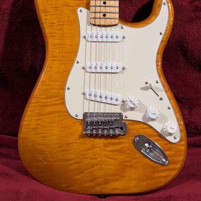 Fender Stratocaster Plus Top Flame Maple Top FMT Guitar, Amber finish MIM Mexico image 1