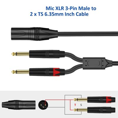 3-Pin XLR Male to Dual 6.35mm 1/4'' TS Mono Microphone Patch Cable, 6FT Male XLR to Double 6.35mm TS Y Splitter Converter Cable, Dual 1/4 Inch Mono to XLR Male Mic Audio Adapter Cord for Mixer image 2