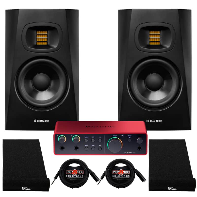 Adam Audio T5V Studio Monitor Speakers with Powerful Active Nearfield Sound w/Focusrite Scarlett 2I2 Interface Bundle image 1