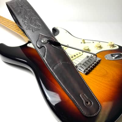 Walker & Williams LIP-05 Matte Copper Carved Leather Spade Cut Strap with Tooled Cross and Thorns image 5