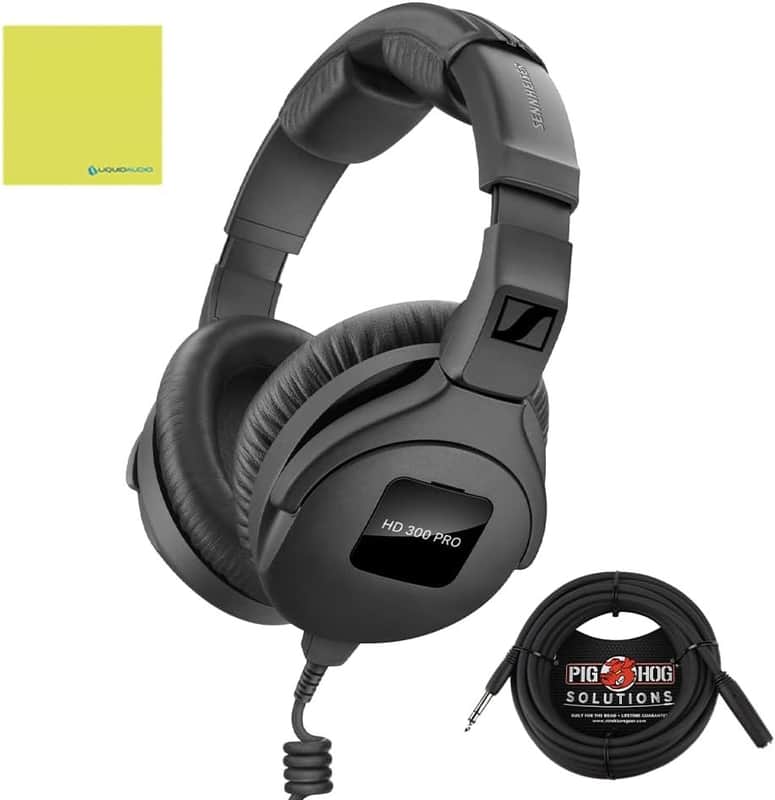 Mint Sennheiser HD 300 PRO Over Ear Headphones, Black Bundle with Pig Hog PHX14-25 1/4 Headphone Extension Cable 25ft and Instrument Polishing Cloth - Broadcast Headphones, Studio Headphones Wired image 1