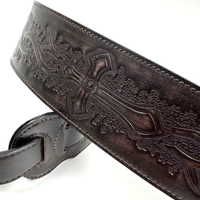 Walker & Williams LIP-05 Matte Copper Carved Leather Spade Cut Strap with Tooled Cross and Thorns image 3