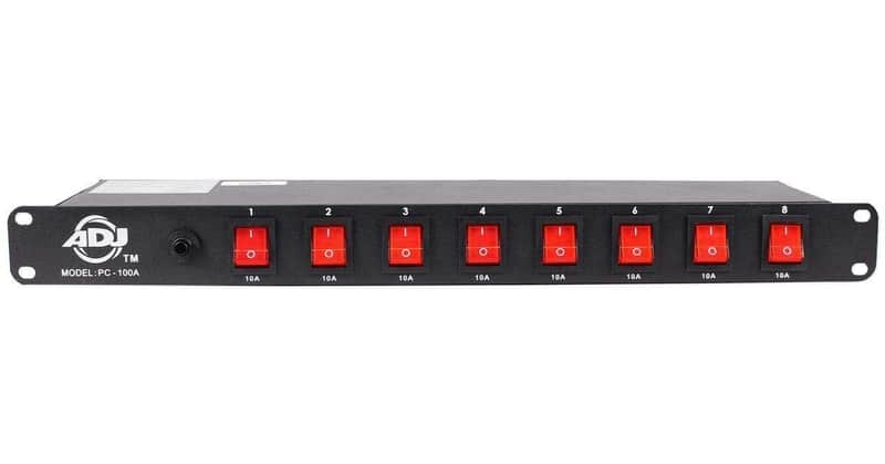 American DJ 8 channel AC power strip with 15 amp breaker and 8 on/off toggle switches. 19 inch rack mountable