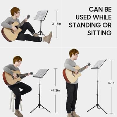 5 in 1 Dual-use Sheet Music Stand & Desktop Book Stand Metal Portable Solid Back Height Adjustable from 31.4-57in with Book Stand Support, Carrying Bag, Sheet Music Folder and Clip image 6