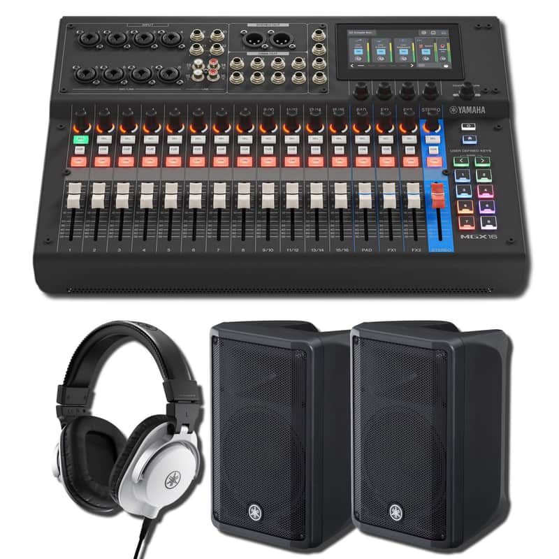 Yamaha MGX16 B 22-Channel Digital Mixing Console White Studio Streaming Bundle with 2x DBR10 700W Powered Loudspeakers and HPH-MT5W White Studio Monitor Headphones image 1
