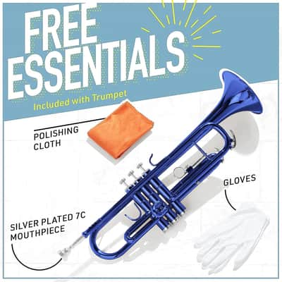Bb Standard Trumpet Set for Beginners - Brass Trumpet Instrument with Hard Case, 7C Mouthpiece, Valve Oil, Cleaning Cloth, Gloves (Blue) image 2