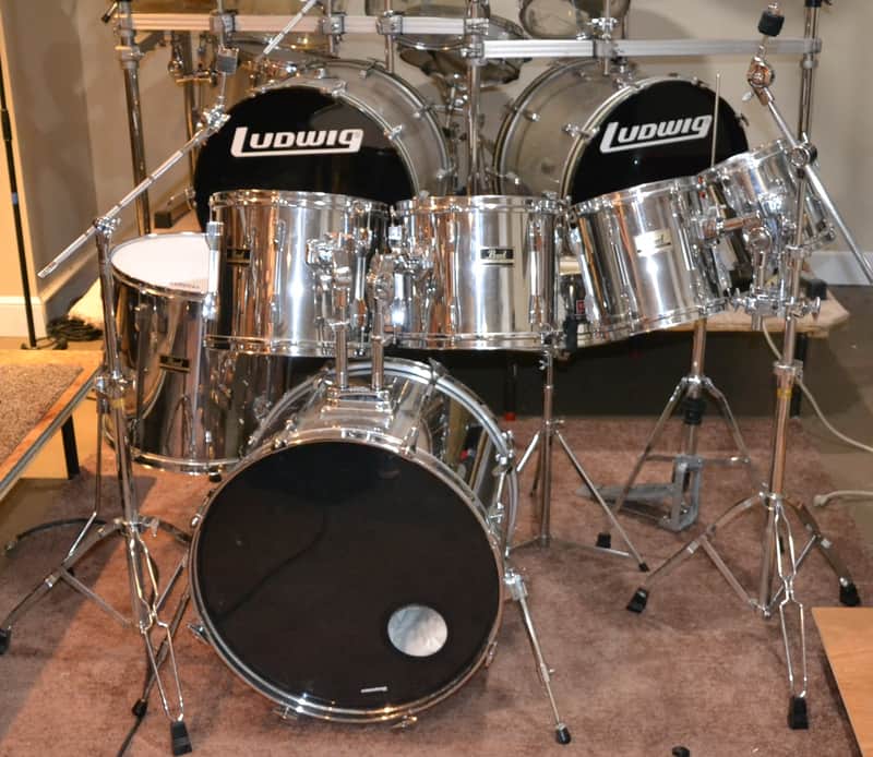 Pearl Export 7 Piece Drum Set 90's Chrome w Premier Snare Drum 90s W/ Cases image 1