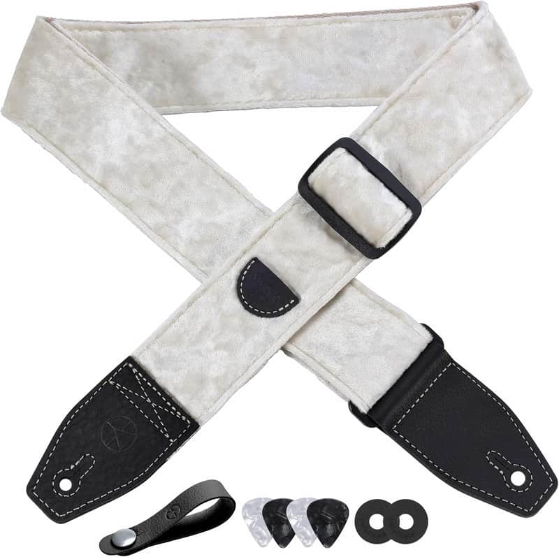 Guitar Strap 2 inch Velvet Guitar Straps with Full Grain Leather End, for Bass Electric and Acoustic Guitars, Free Strap Button, 2 Strap Locks and 4 Guitar Picks image 1