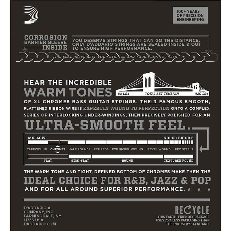 D'Addario ECB81-5 XL Chromes Flatwound 5-String Bass Guitar Strings, Light Gauge Long Scale image 3