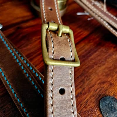 Hand Made, Hand Stitched Guitar strap "Rockatansky" in Taupe & Beige - Vegetable Tanned Leather image 9