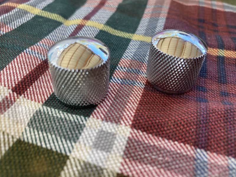 Two Large Chrome Import Precision P-Bass or Telecaster Dome Knobs, Push/Press-On image 1