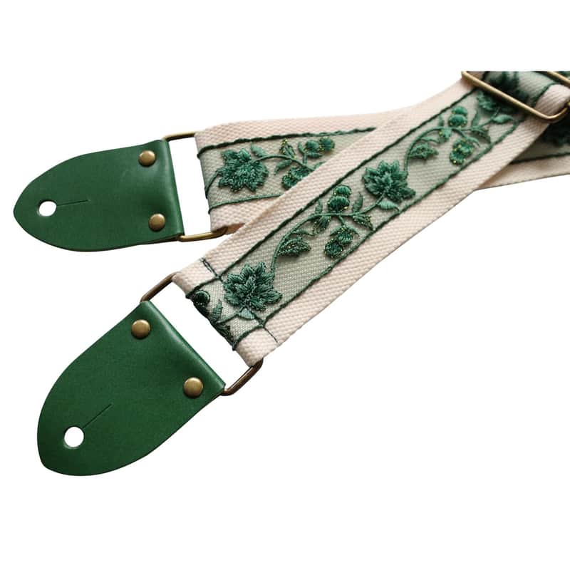 Original Design, 2 Inch Width (5Cm), Vintage ”Green Lace“ Soft Lace Delux Electric Guitar Strap Bass Strap With Genuine Leather Strap End (Leather Made In Italy) (Green Lace) image 1