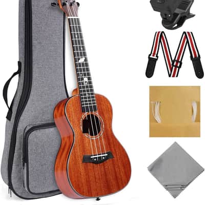 Concert Ukulele 23 inch Solid Top Ukelele Kit Professional Small Hawaiian Guitar Ukalalee Starter Pack Bundle Gig bag, Tuner, Strap, Aquila String Set, 12 Online Lessons - Glossy image 1