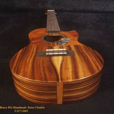 Handcrafted Tenor Ukulele, Solid Hawaiian Koa & Acacia, Hibiscus Soundhole, Worth String, Soft-bag, Bruce Wei UJ17-2602 image 8