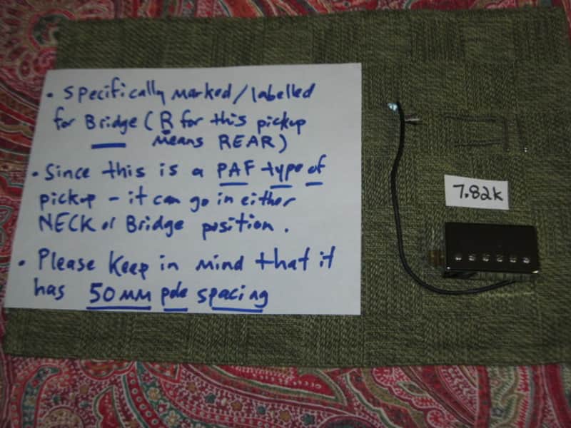 used 2004 Ibanez Super 58 Bridge HB pickup, Chrome, Indonesia, Ceramic (7.82k) SP-58-R, the R stands for rear which is bridge (but can go in Neck position, Ibanez pickup modeled after PAF) 4 conductor +springs/screws, SP-58 image 1