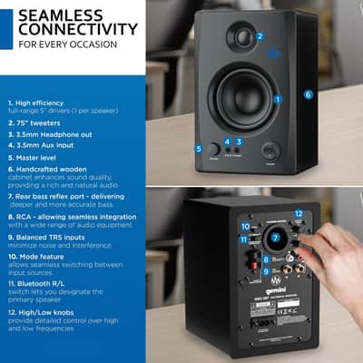 Gemini Sound SMX-3BT 100W Bluetooth Bookshelf Studio Monitor Speakers, Active/Passive Pair for PC, Turntables, Desktop, RCA/3.5mm Aux Input, Wood Cabinet, EQ Control, Perfect for Home Studio and DJs image 2
