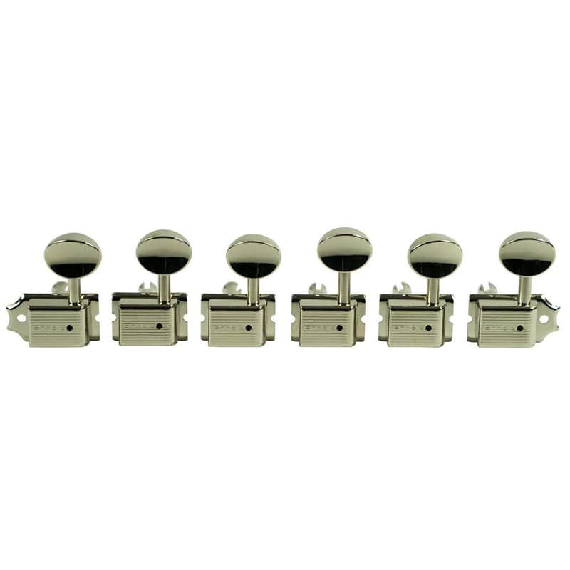 Kluson 6 In Line Left Hand Deluxe Series Tuning Machines - Single Line - SafeTi Post - Nickel With Oval Metal Buttons image 1