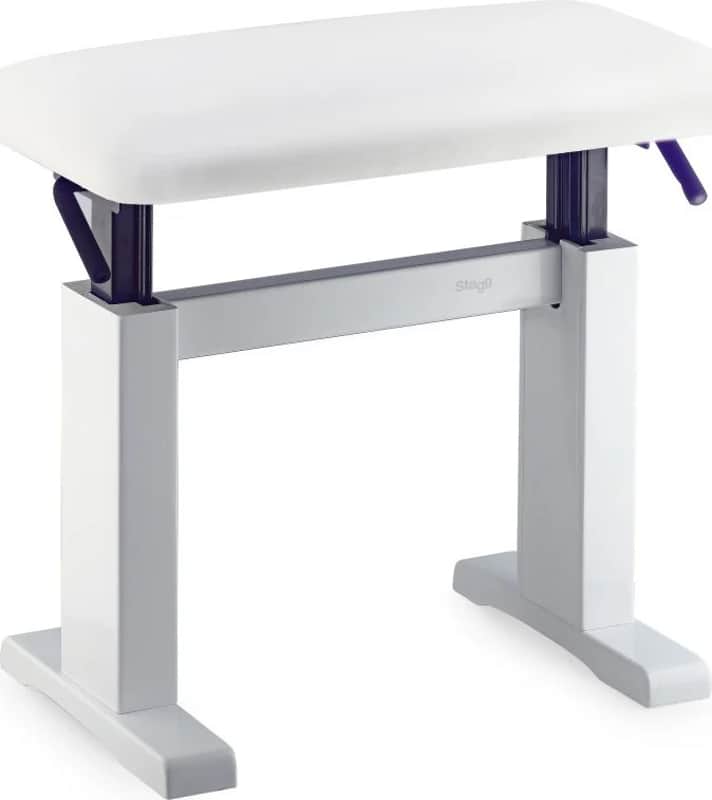Highgloss white hydraulic piano bench, with fireproof white vinyl top image 1