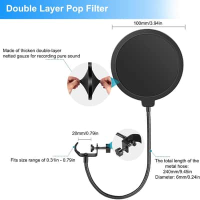 Mic Stand Desk, Table Mic Tripod Desktop Mic Stand Height Adjustable Small Microphone Stand for Desk with Pop Filter Shock Mount Mic Clip 1/4" to 5/8" Adapter for Blue Yeti Snowball image 2