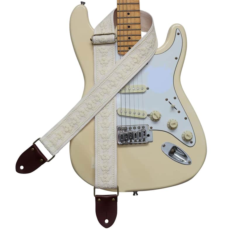 Original Design, 2 inch width (5cm), Cream Lace Electric Guitar Strap Bass Strap With Genuine Leather Strap End (The Leather Made In Italy) (Cream Lace) image 1